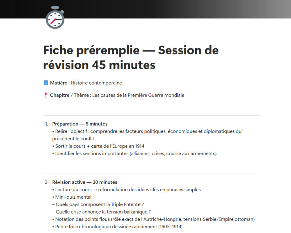 Session 45 minutes – Une session guidée : comprendre → fiche → quiz → correction.